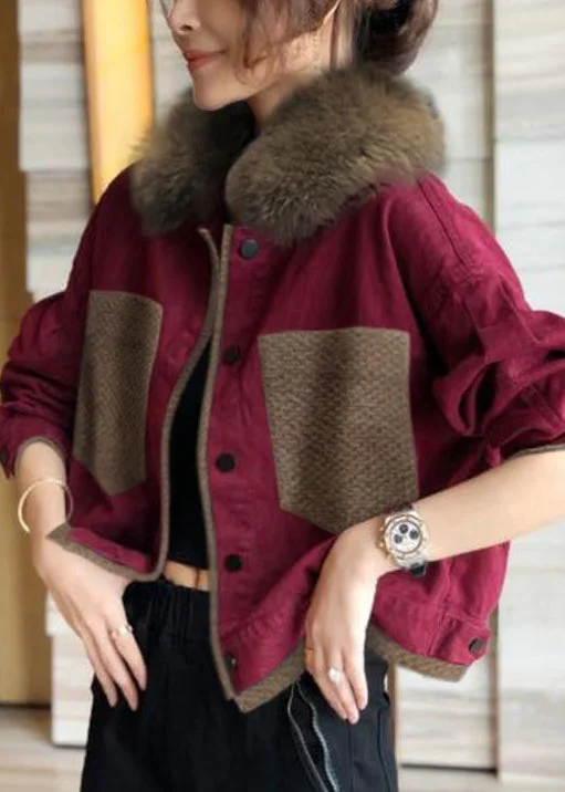 French Blue Fur Collar Button Patchwork Cotton Coats Winter - Image 3