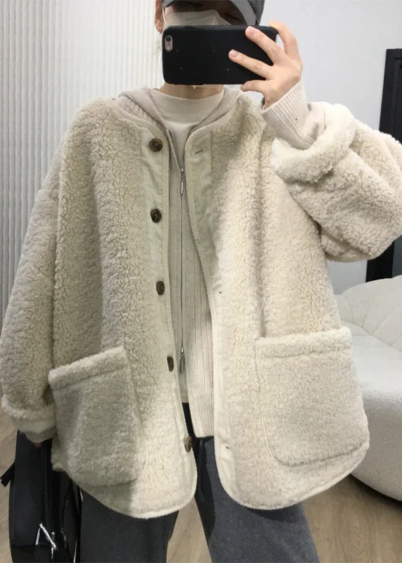 Loose Coffee Button Pockets Patchwork Teddy Faux Fur Coats Fall - Image 3