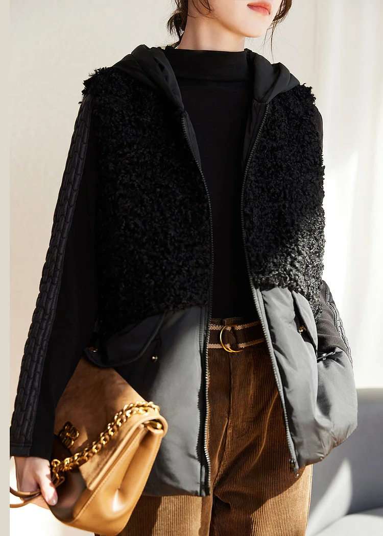 New Black Hooded Teddy Faux Fur Patchwork Duck Down Waistcoat Sleeveless - Image 5