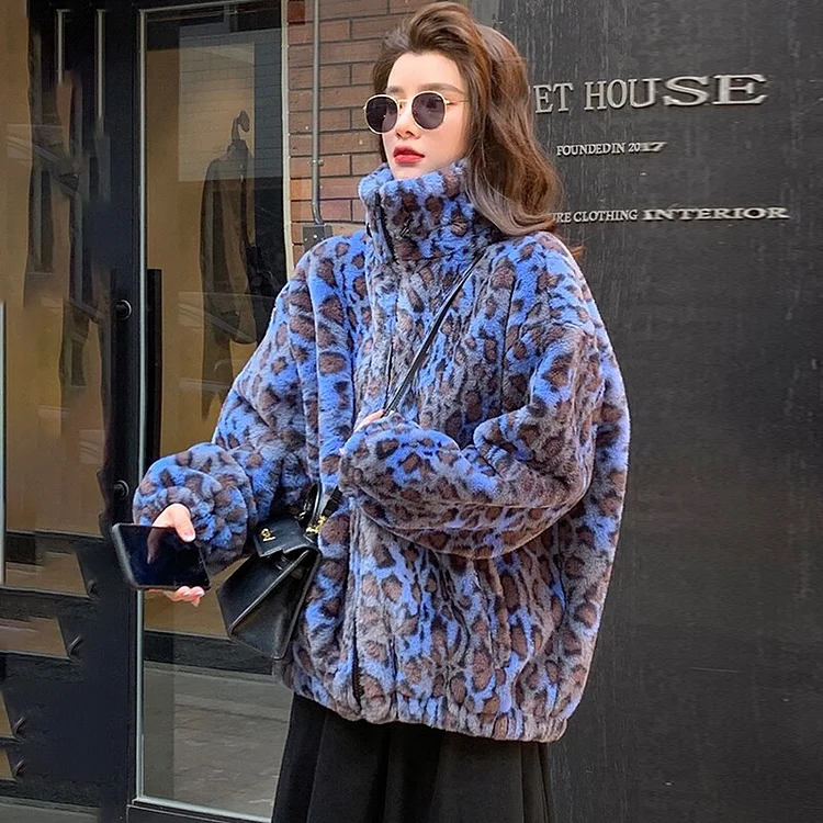 Oversized Stand Collar Blue Leopard Long Sleeve Faux Fur Zip-up Fluffy Coat - Image 8