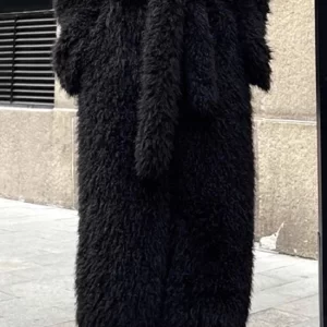 Stylish Black Tie Waist Patchwork Fuzzy Fur Fluffy Coat Winter