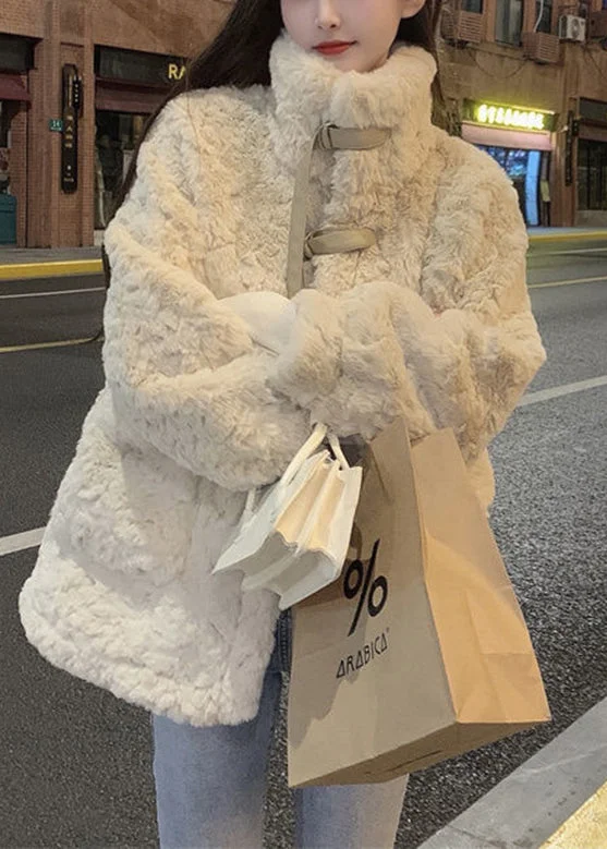 Natural Apricot Peter Pan Collar Thick Faux Fur Coats Winter