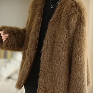 Boutique Fashion Coffee V Neck Faux Fur Coats Winter