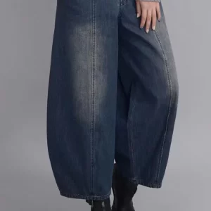 French Navy Button Pockets Casual lantern Fall Denim Pants