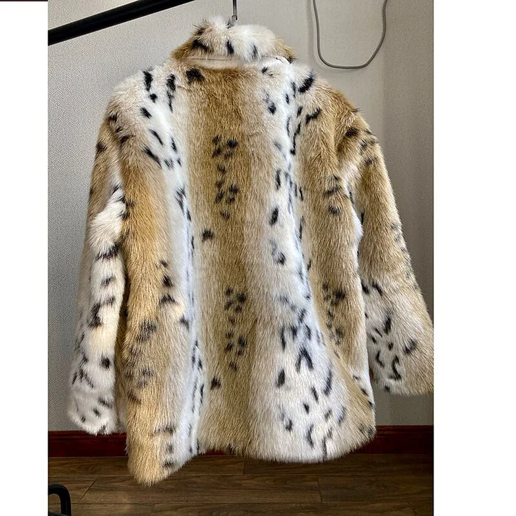 Luxury Leopard Print Lapel Long Sleeve Faux Fur Plush Coat - Image 5