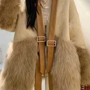 Classy Khaki V Neck Fuzzy Fur Fluffy Patchwork Leather And Fur Coat Long Sleeve