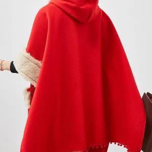 Casual Red Oversized Patchwork Fuzzy Ball Decorated Woolen Coats Winter