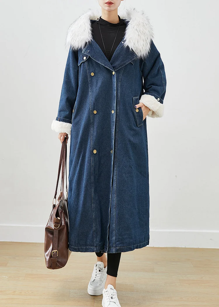 French Navy Fur Collar Thick Warm Fleece Denim Coats Fall - Image 4