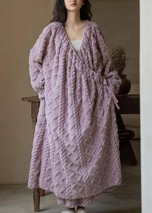 Plus Size Purple V Neck Patchwork Thick Fluffy Robe Spring - Image 3