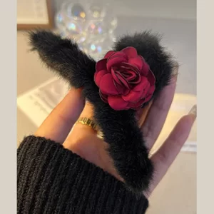 Women Black Fluffy Rose Shark Clamp Hairpin