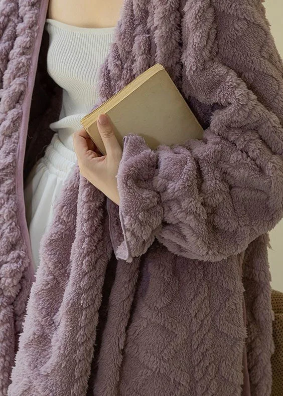 Plus Size Purple V Neck Patchwork Thick Fluffy Robe Spring - Image 4