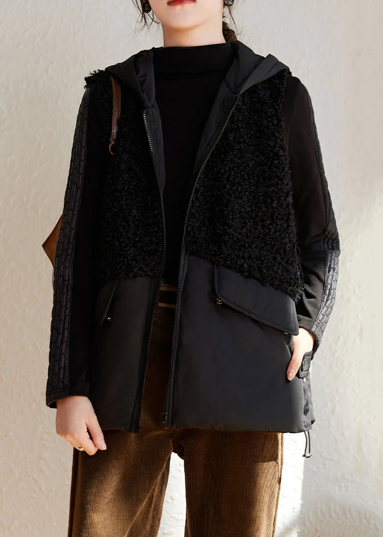 New Black Hooded Teddy Faux Fur Patchwork Duck Down Waistcoat Sleeveless - Image 2