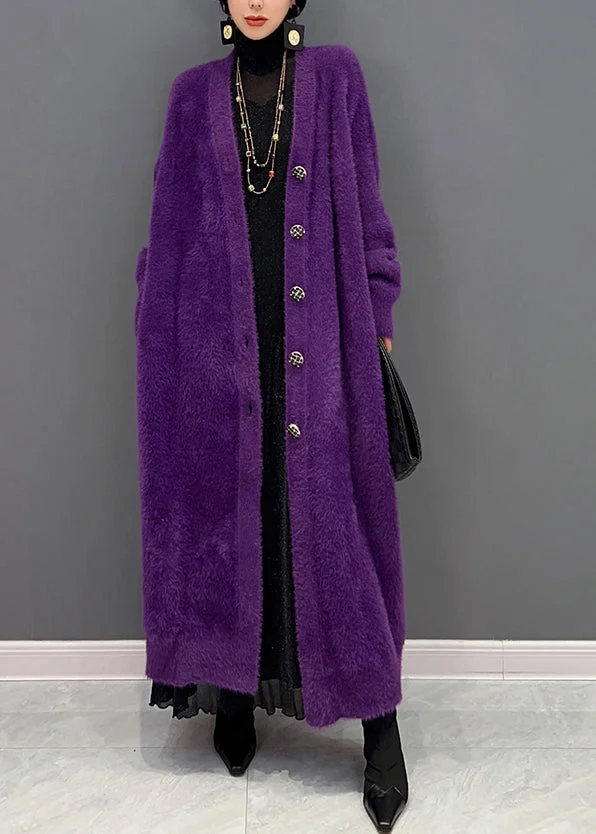 Plus Size Purple V Neck Patchwork Mink Hair Knitted Cardigan Fall - Image 4