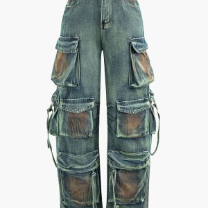 Stained Multi Flap Pocket Straight Leg Cargo Jeans