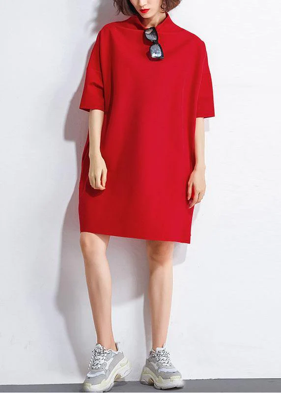 Classy Red Loose Turtleneck Summer Party Dresses Half Sleeve - Image 3