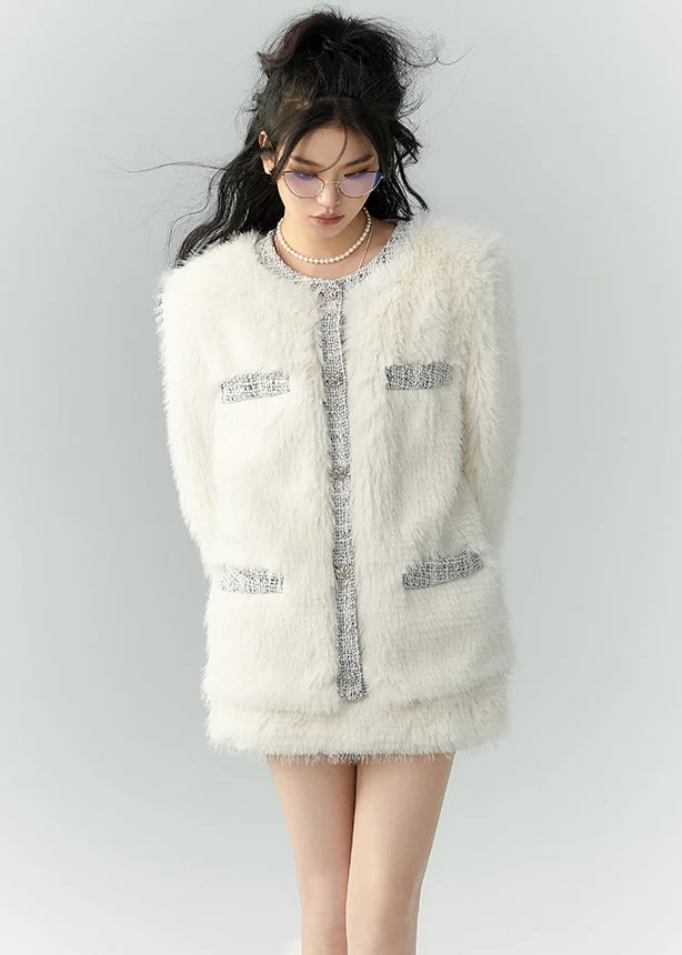 Italian White Button Coats And Skirts Leather And Fur Two Pieces Set Winter - Image 5