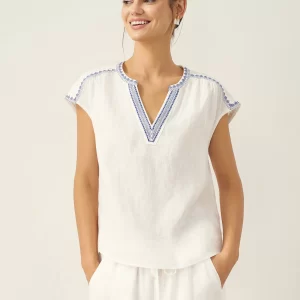 100% Linen V-Neck Embroidered Crop Top Fene