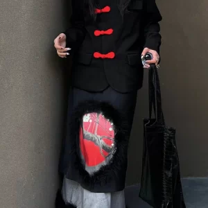 Loose Black Button Fluffy Patchwork Woolen Two Piece Set Outfits Fall