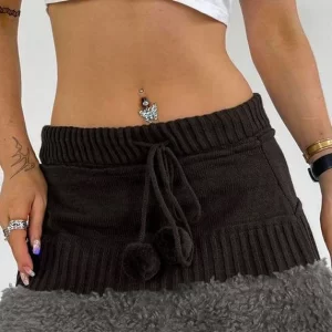 Women Brown Fluffy Elastic Waist Patchwork Knit Skirts Fall