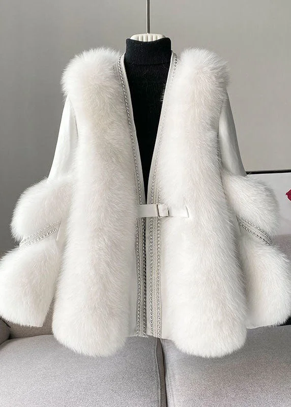 Stylish White V Neck Patchwork Mink Hair Coats Winter - Image 2