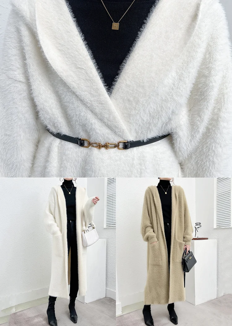 Modern White Hooded Pockets Mink Hair Knitted Cardigan Fall - Image 4