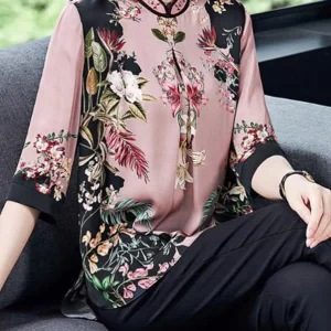 Stylish Pink Stand Collar Print Side Open Silk Shirt Tops Half Sleeve