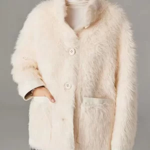 Fitted White Pockets Button Leather And Fur Coats Long Sleeve
