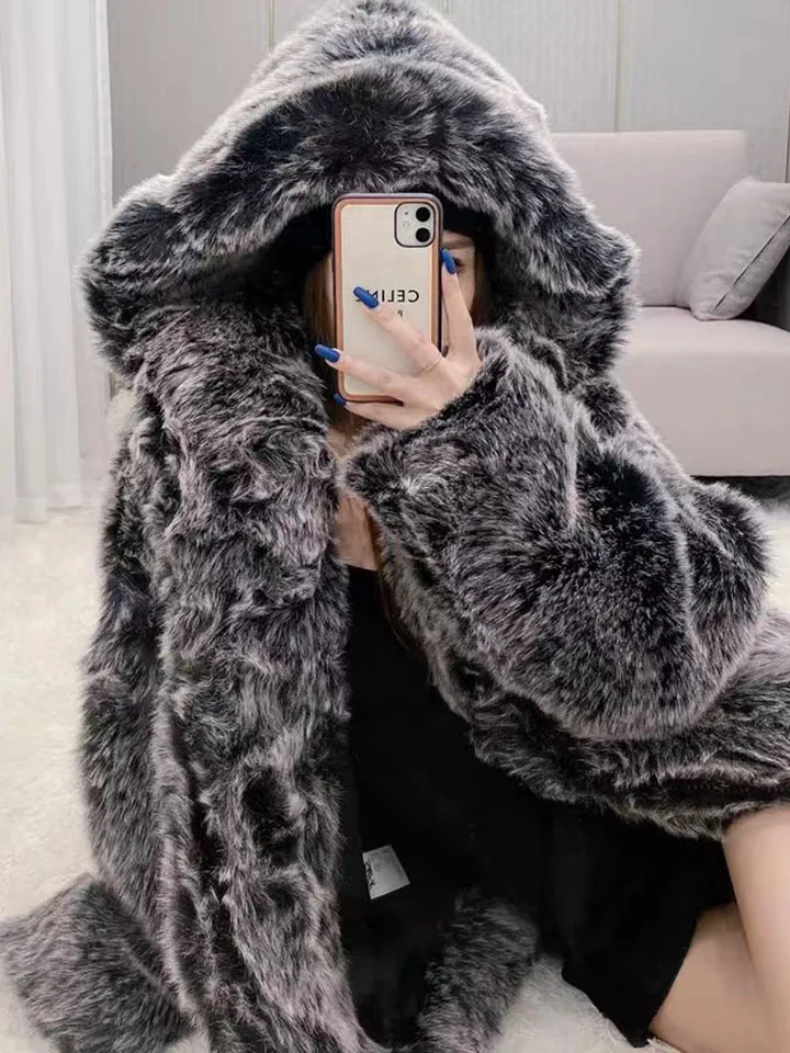 Women's Punk Plush Winter Coat with Hooded - Image 7