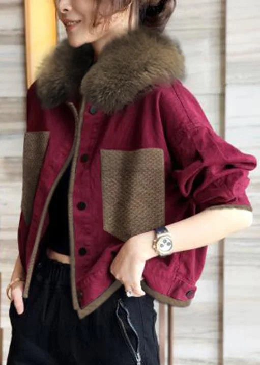 French Blue Fur Collar Button Patchwork Cotton Coats Winter - Image 2