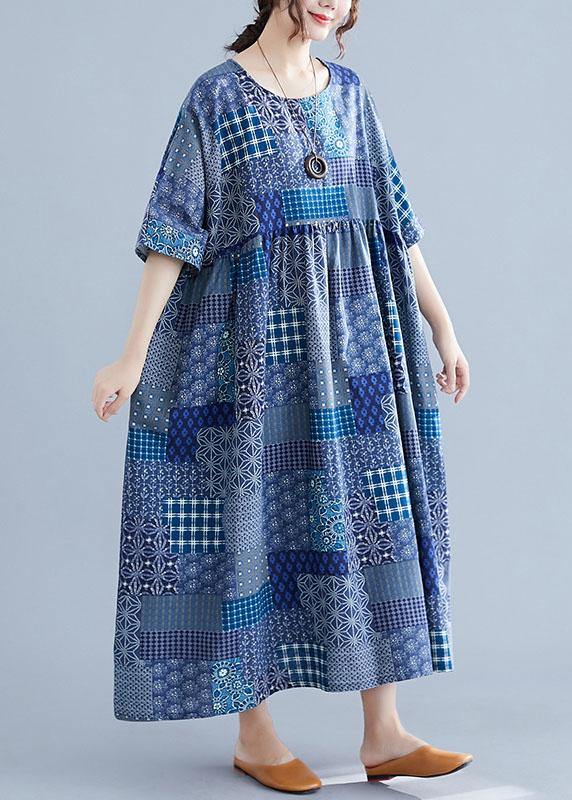 Italian navy plaid linen cotton clothes For Women o neck Cinched cotton Dress - Image 2
