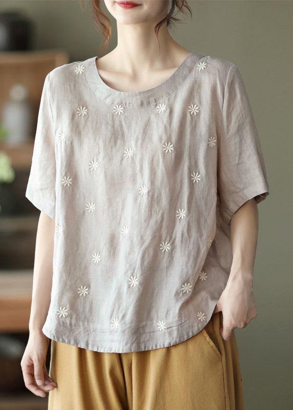 Unique White O-Neck Embroideried Summer Ramie Shirt Half Sleeve - Image 2