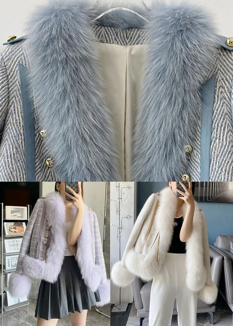 DIY Blue Stand Collar Leather And Faux Fur Coat Winter - Image 4