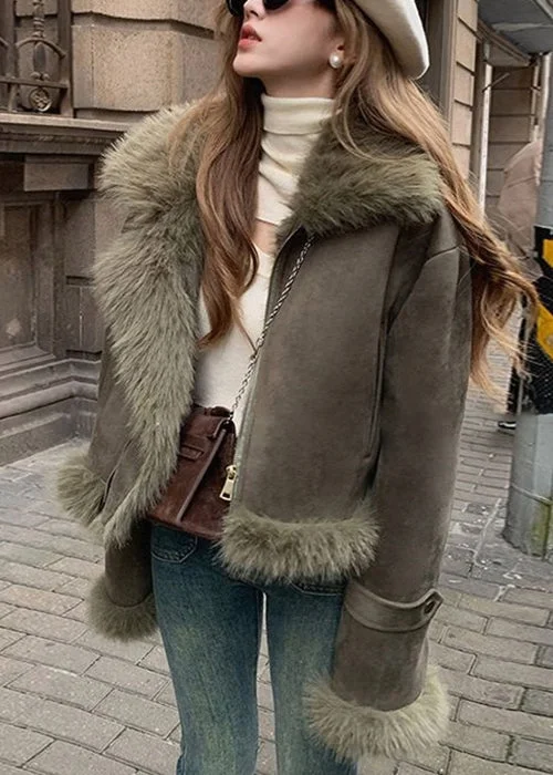 Fashion Blackish Green Fur Collar Patchwork Faux Suede Parkas Winter - Image 3