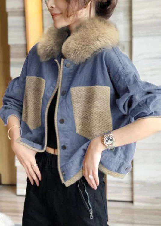 French Blue Fur Collar Button Patchwork Cotton Coats Winter - Image 5