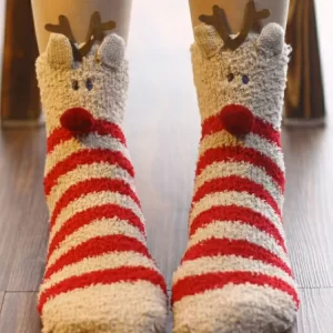 Coral Plush Mid Calf Socks Winter Cute Cartoon Christmas