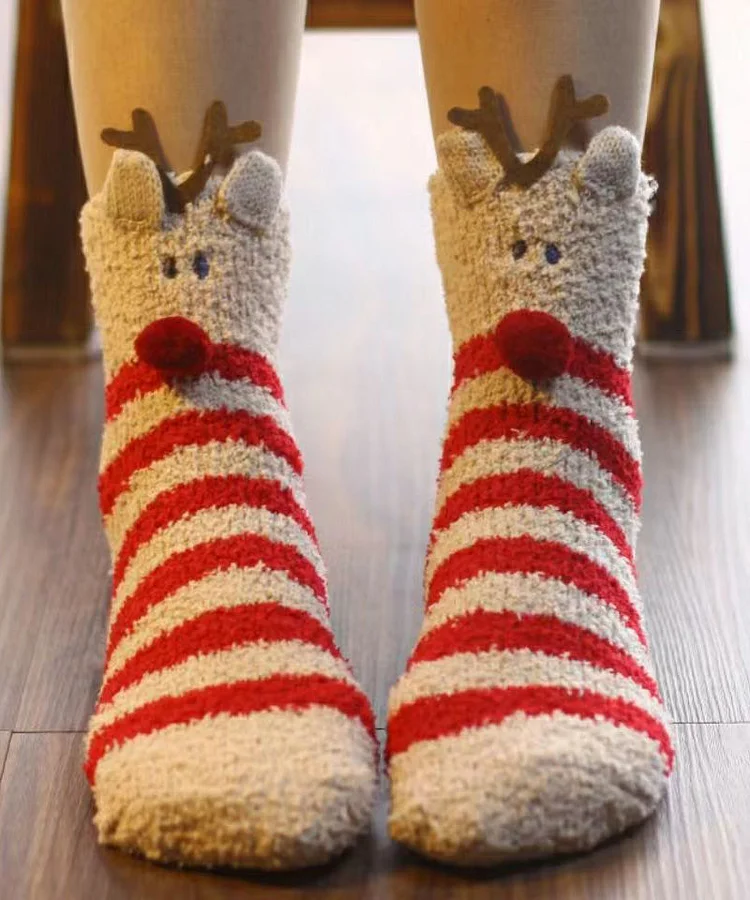 Coral Plush Mid Calf Socks Winter Cute Cartoon Christmas