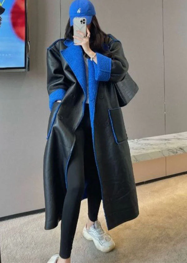 Oversized Black Peter Pan Collar Pockets Patchwork Faux Fur Trench Winter - Image 3