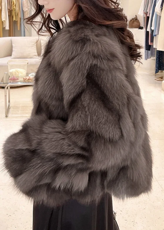 Bohemian Cocoa Colour O-Neck Fuzzy Fur Fluffy Leather And Fur Coats Winter - Image 4