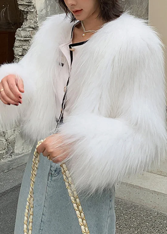 Fashion White V Neck Patchwork Faux Fur Coat Winter - Image 3