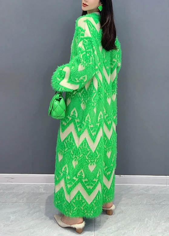 Green Patchwork Teddy Knit Sweater Dress O Neck Long Sleeve - Image 2