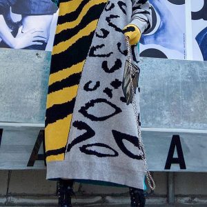 Winter o neck baggy Sweater outfits Upcycle yellow print tunic knit dresses