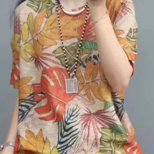 Elegant Print O-Neck Cotton Top Short Sleeve
