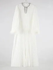 Boutique Rose Pink Sequins O-neck Long Sleeve Splicing Fur Pleated Dress - Image 7