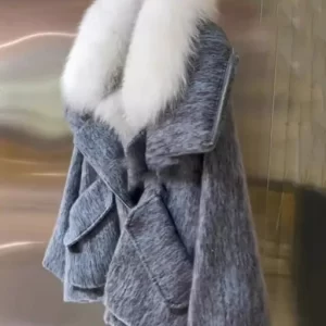 Women Grey Fur Collar Pockets Cotton Filled Coat Winter