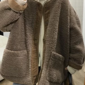 Loose Coffee Button Pockets Patchwork Teddy Faux Fur Coats Fall