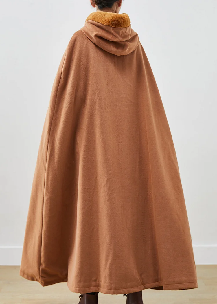 French Khaki Fur Collar Oversized Warm Fleece Hoodie Coat Cloak Sleeves - Image 2