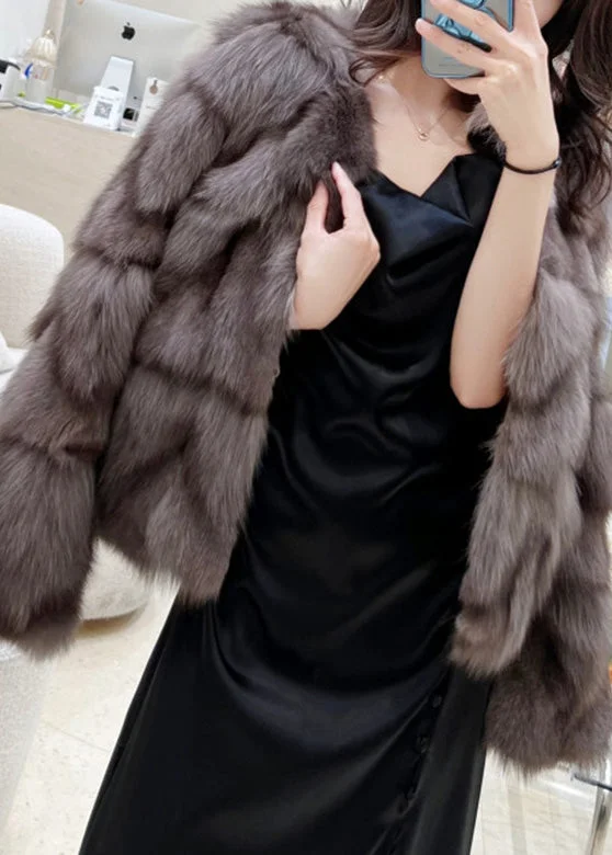 Bohemian Cocoa Colour O-Neck Fuzzy Fur Fluffy Leather And Fur Coats Winter - Image 3