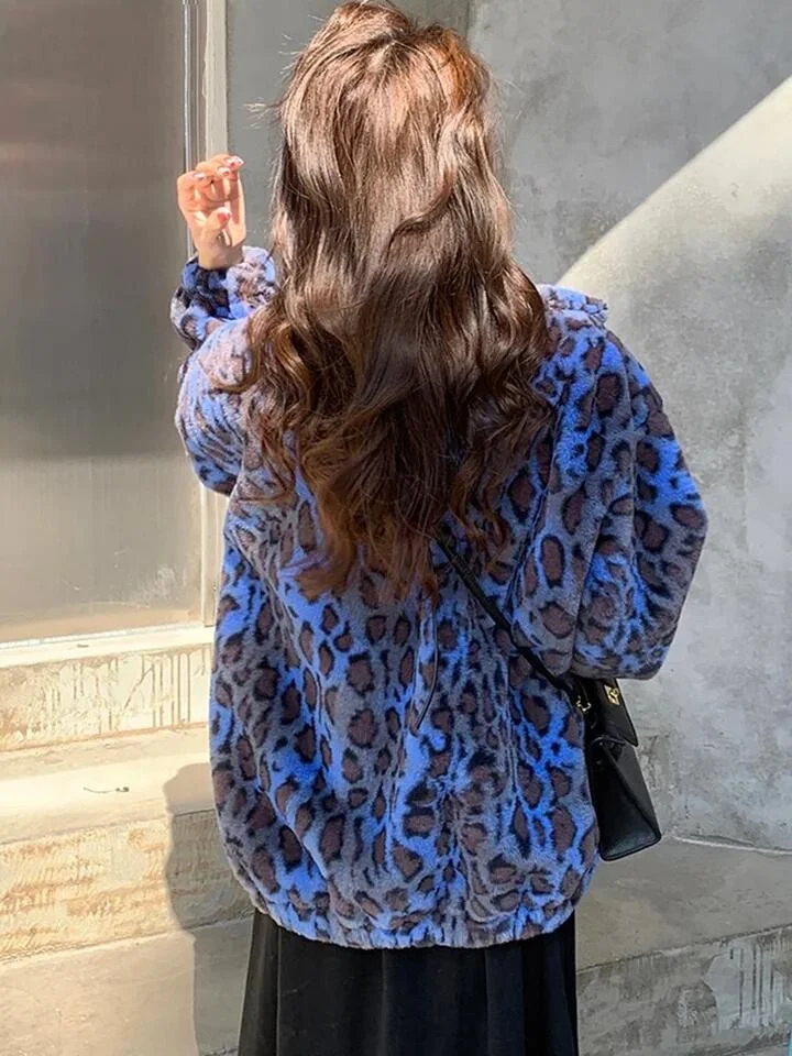 Oversized Stand Collar Blue Leopard Long Sleeve Faux Fur Zip-up Fluffy Coat - Image 9