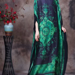 Loose Green O-Neck Asymmetrical Design Print Silk Beach Dress Gown Batwing Sleeve