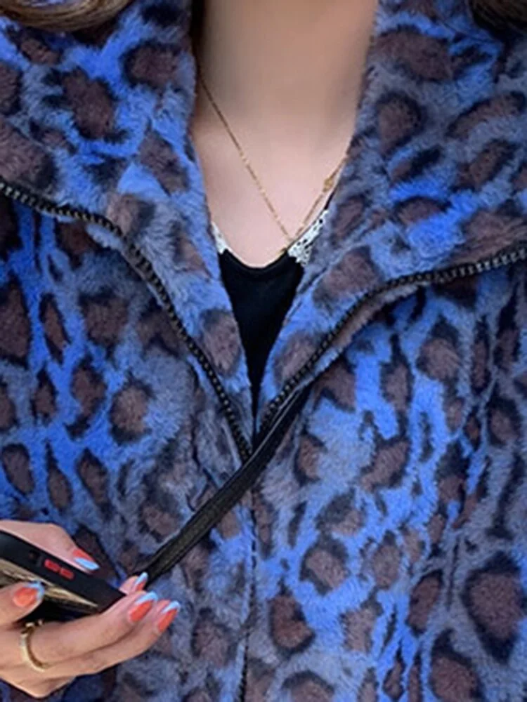 Oversized Stand Collar Blue Leopard Long Sleeve Faux Fur Zip-up Fluffy Coat - Image 3